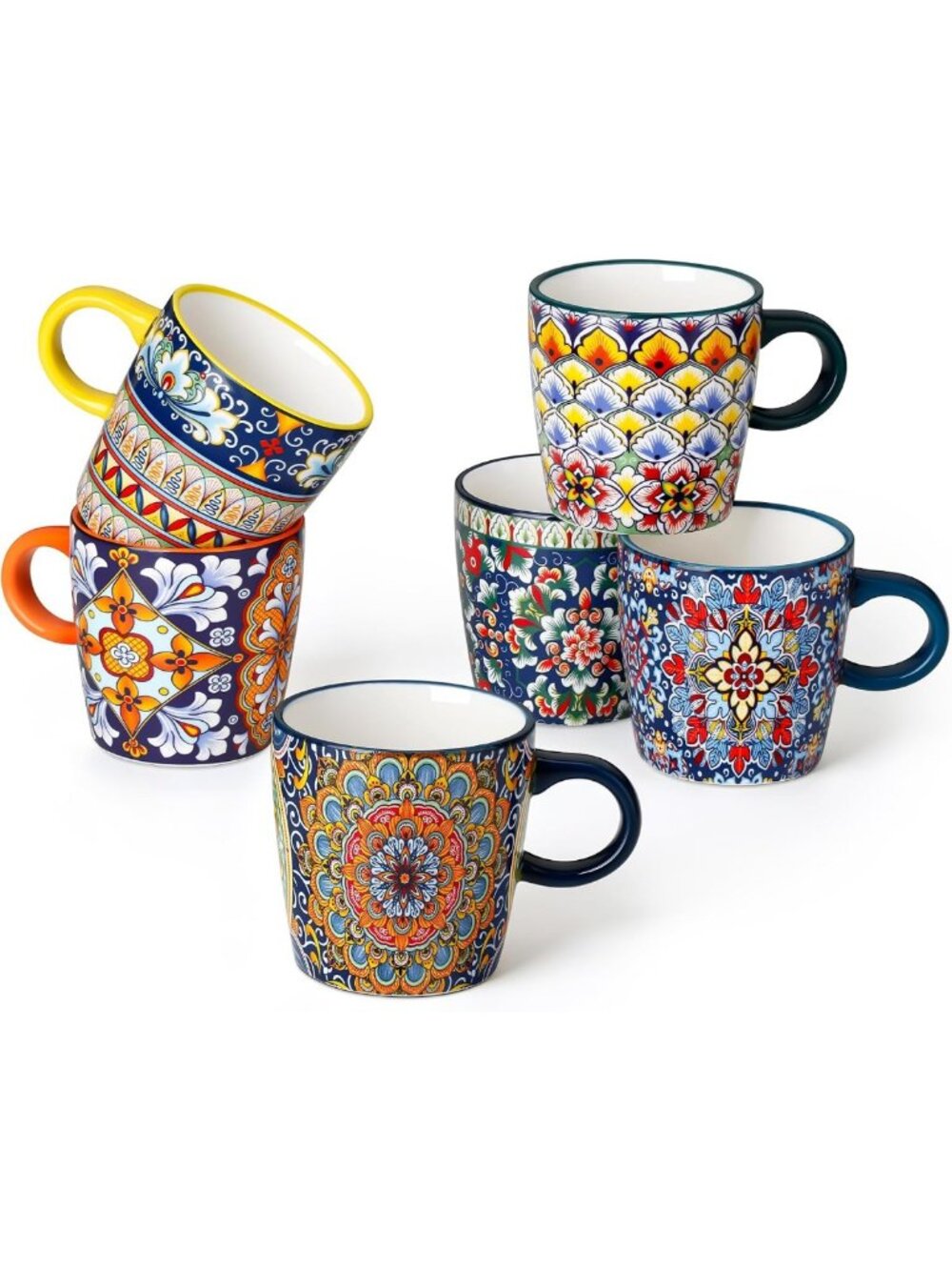 Set of 6 Mini Espresso Cups, 3.5 oz Bohemian Coffee Mugs, Dishwasher & Microwave